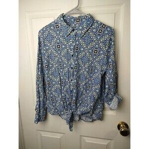 Talbots Blue Artsy Tie Collared Button Front Roll Tab Sleeve Blouse. Size MP